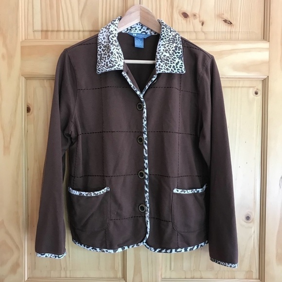 KORET snow leopard animal print trimmed jacket petite size MP - Picture 2 of 6